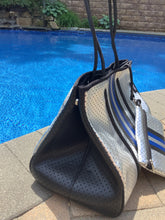 Silver Metallic Neoprene Tote with Blue & Black Stripe 💙🤍🖤