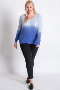 PLUS COLOR BLOCK LONG SLEEVE V-NECK SWEATER- BLUE OMBRÉ