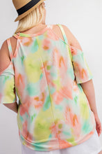 PLUS ROUND NECK TIE DYE FRENCH TERRY TOP WITH CRISS CROSS DETAILED COLD SHOULDER SLEEVES - CORAL/LIME