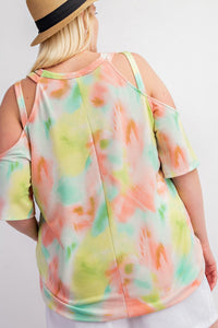 PLUS ROUND NECK TIE DYE FRENCH TERRY TOP WITH CRISS CROSS DETAILED COLD SHOULDER SLEEVES - CORAL/LIME