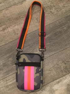 GREEN CAMO WITH NEON PINK & ORANGE STRIPE MULTI ZIPPER NEOPRENE PHONE HOLDER W/1.25" STRIPE STRAP