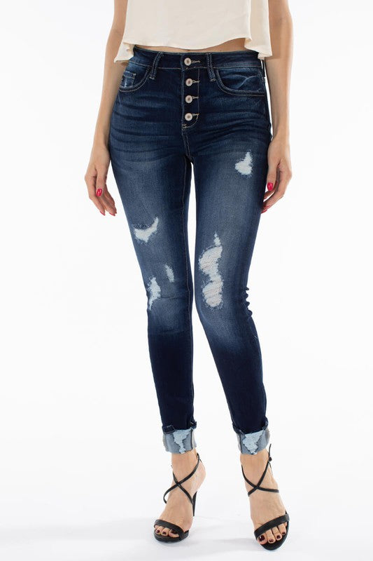 High Rise Button Fly Ankle Skinny Jeans