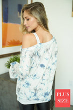 A PLUS long sleeve tie dye knit top with a boat neck featuring a one side strap and a puff sleeve - Ivory Blue