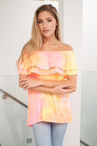 Off the shoulder tie dye knit top featuring an overlay ruffle - Orange