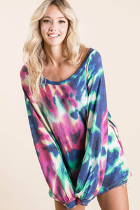 TIE DYE PRINT TERRY TOP WITH PUFF SLEEVES - FUCHSIA/CHARCOAL or FUCHSIA/DENIM