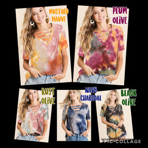 TIE DYE THERMAL WAFFLE V NECK TOP WITH STRAPPED - ASSORTED COLORS