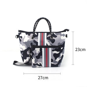 Camo with Red/Black Stripe Neoprene Tote