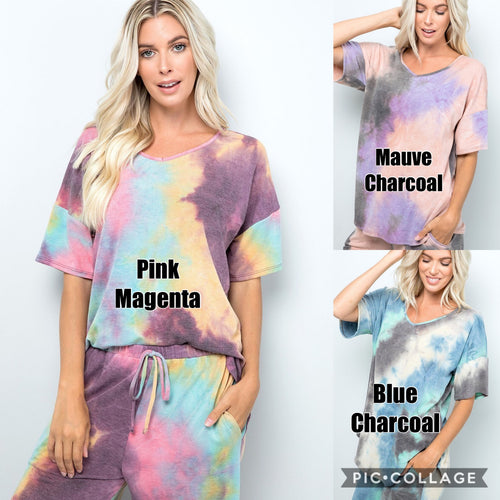 Tie Dye top V-neck line with short sleeve - Assorted Colors