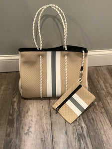 Beige with Grey & White Stripe Neoprene Tote