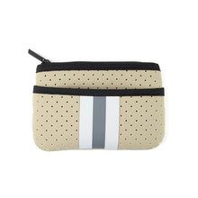 Tan with Grey Stripe Mini Neoprene Card, Wallet, Bag Key Purse with Zipper Closure