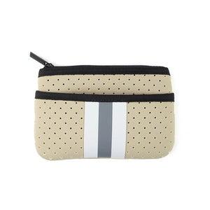 Tan with Grey Stripe Mini Neoprene Card, Wallet, Bag Key Purse with Zipper Closure