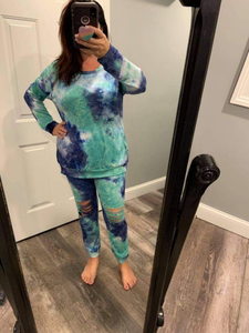 TIE DYE MULTI COLOR TOP W/ JOGGER SET - NAVY/AQUA or BLACK/EGGPLANT/MAGENTA