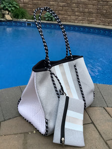 Grey with Silver & White Stripe Neoprene Tote