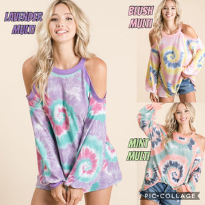 TIE DYE PRINT TERRY TOP WITH COLD SHOULDER DETAIL AND CONTRAST NECK BAND AND CUFFS - ASSORTED COLORS