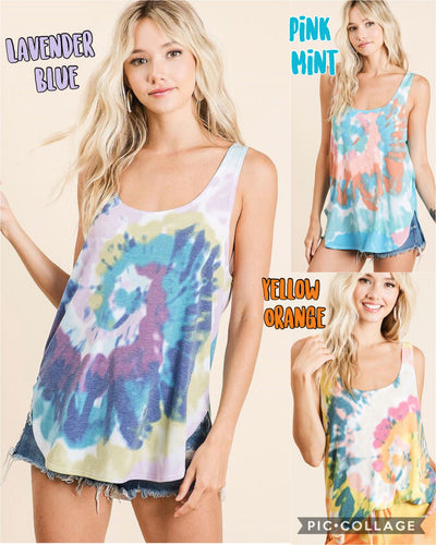 SLEEVELESS TIE DYE PRINT TERRY DEEP U-NECK TOP - ASSORTED COLORS