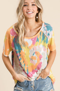 TIE DYE PRINT KNIT TOP WITH RAGLAN SLEEVES - Lavender/Blue, Yellow/Orange or Peach/Mint