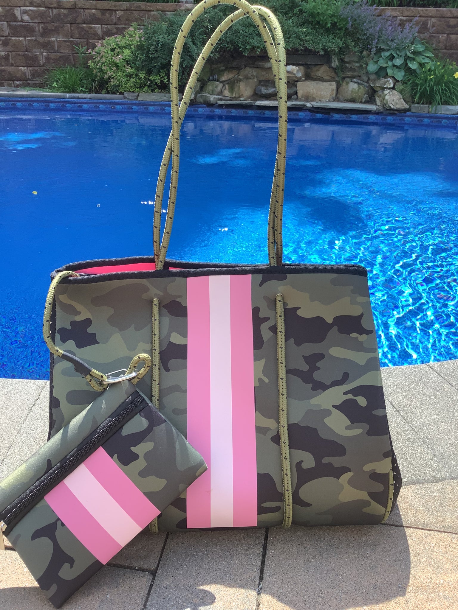 Pink and Green Stripe Camo Neoprene Tote Bag - Pressed to Impress, LLC