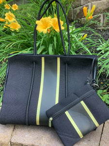 Black Denim Look with Gold Stripe Neoprene Tote