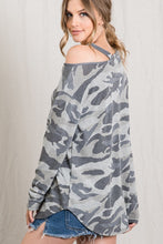 CAMOUFLAGE PRINT ROUND NECKLINE LONG SLEEVE TOP WITH CUTOUT SHOULDER DETAIL- ARMY GREY or ARMY OLIVE