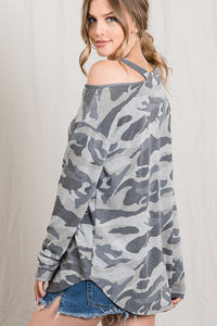 CAMOUFLAGE PRINT ROUND NECKLINE LONG SLEEVE TOP WITH CUTOUT SHOULDER DETAIL- ARMY GREY or ARMY OLIVE