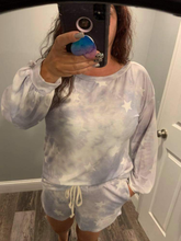 STAR PRINT TIE-DYE TOP WITH A BOAT NECKLINE, DROPPED SHOULDERS, LONG SLEEVES, AND BANDED HEM - GREY