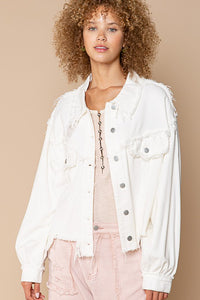 POL Distressed Balloon Sleeve Jacket - Ivory