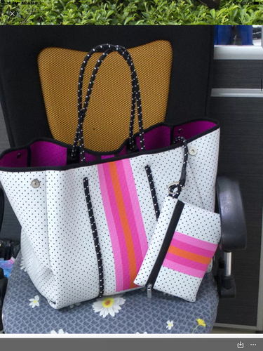 White with Pink & Orange Stripe Neoprene Tote 🧡💗🧡