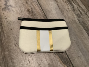 Ivory Gold Stripe Mini Neoprene Card, Wallet, Bag Key Purse with Zipper Closure