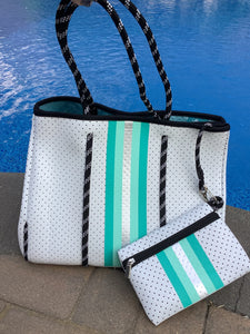 White with Mint & Silver Stripe Neoprene Tote