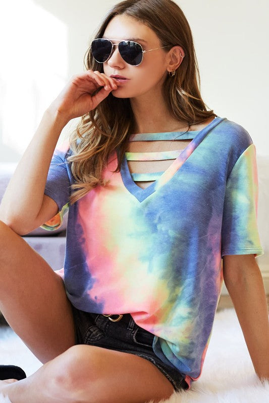 TIE DYE TERRY V-NECK TOP WITH STRAPPED FRONT NECK - CHARCOAL TIE DYE