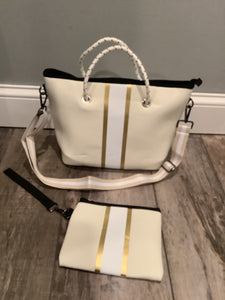 Ivory with Gold Stripe Mini Cross Shoulder Neoprene Bag