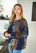 Tie dye knit top with a v-neck featuring a cut out trim detail and a puff sleeve -  Navy/Purple Mix