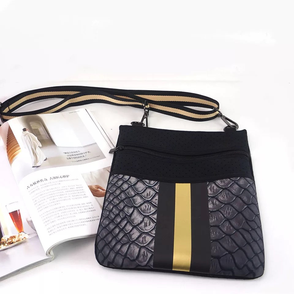 Crocodile Neoprene Crossbody with Gold/Black Stripe