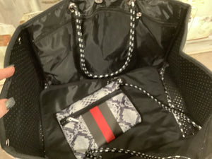 Snake Skin Neoprene Tote with Red & Black Stripe & Silver Side Panels