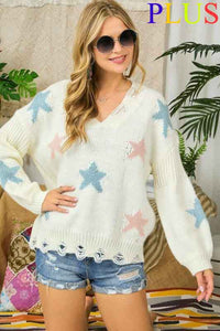 PLUS FRAY DETAIL STAR SWEATER TUNIC TOP - CREAM