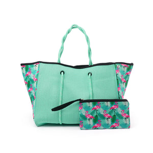 Flamingo Print Neoprene Tote - Mint