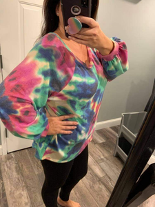 TIE DYE PRINT TERRY TOP WITH PUFF SLEEVES - FUCHSIA/CHARCOAL or FUCHSIA/DENIM