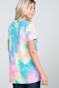 SHORT SLEEVE V NECK MULTICOLOR NEON TIE DYE PRINT TOP  - NEON PINK/MULTI-CUT