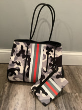 Grey Camo with Red & White Stripe Neoprene Tote