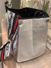 Snake Skin Neoprene Tote with Red & Black Stripe & Silver Side Panels