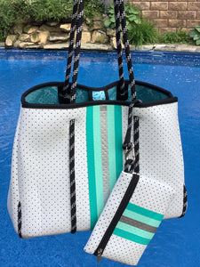 White with Mint & Silver Stripe Neoprene Tote