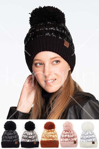 C.C Metallic Beanie with Knit Pom and Cuff - Assorted Colors