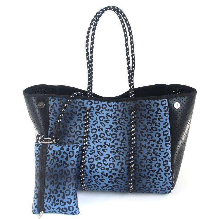 Blue Leopard Black Metallic Sides Neoprene Tote bag