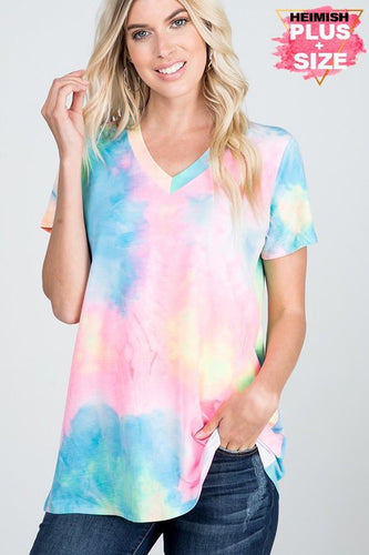 PLUS SHORT SLEEVE V NECK MULTICOLOR NEON TIE DYE PRINT TOP PLUS SIZE - Neon Pink