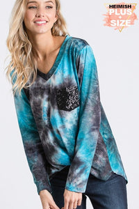 PLUS SIZE LONG SLEEVE TIE DYE PRINT TOP WITH BLACK SEQUIN POCKET - BLACK/TEAL or a BLACK/TAN