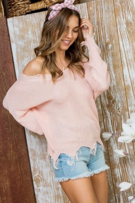 Distressed V Neck Long Sleeve Sweater - Light Peach