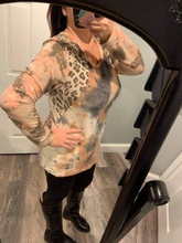 TIE DYE DISTRESSED KNIT TOP WITH LEOPARD SHOULDER BLOCK AND TIE DYE PRINT SLEEVES - CHARCOAL/BLUE MIX or CHARCOAL/RUST MIX