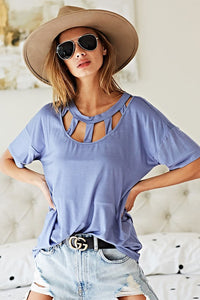 RAYON SPAN JERSEY KNIT WITH STARPING DETAILED CUT OUT FRONT SHORT SLEEVE TOP - DENIM or OATMEAL