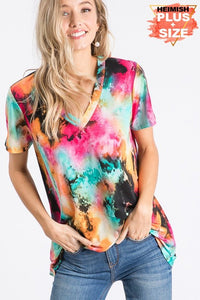 PLUS SHORT SLEEVE V NECK MULTI PRINT TOP