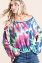 TIE DYE PRINT TERRY TOP WITH PUFF SLEEVES - FUCHSIA/CHARCOAL or FUCHSIA/DENIM